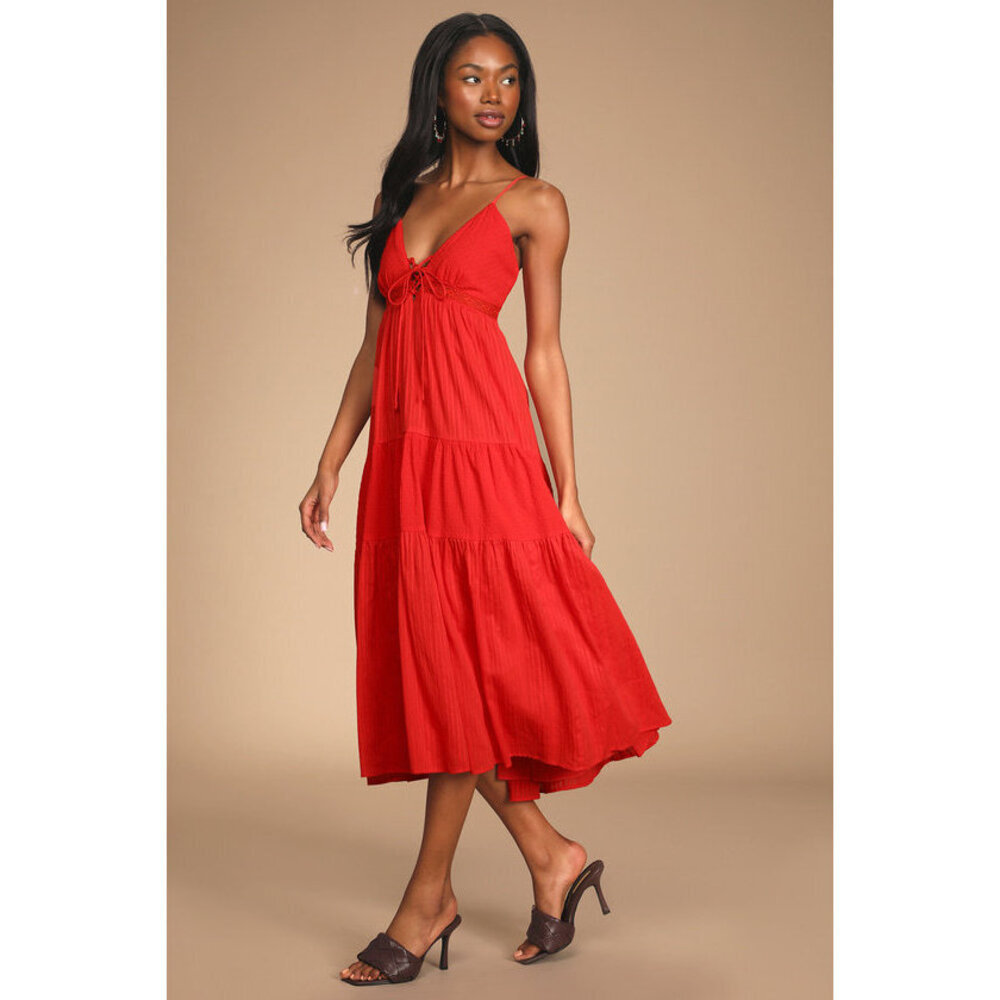 NWT Lulus Out And About Bright Red Tiered Lace-up Midi Dress - Size Small